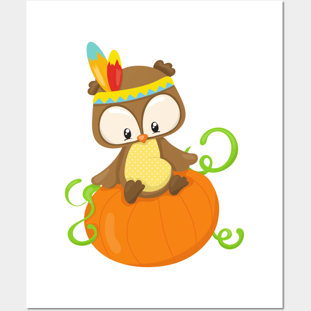 Thanksgiving Owl, Brown Owl, Feathers, Pumpkin Wall Art by Jelena Dunčević